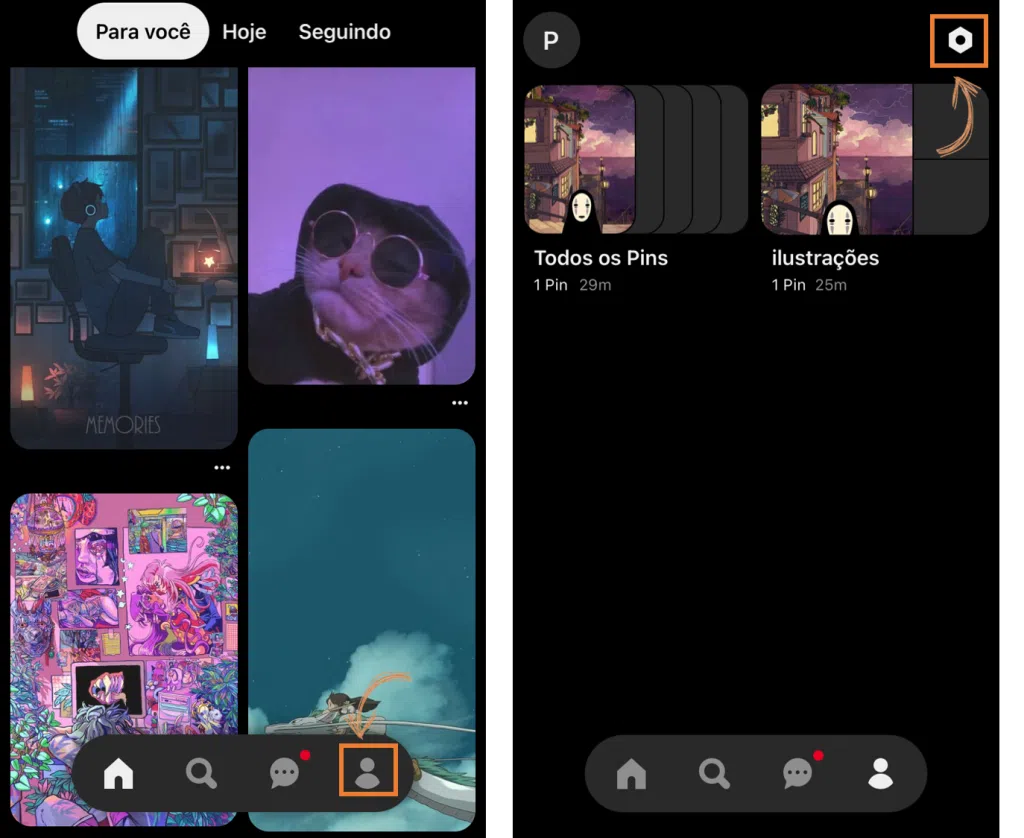 Como usar o pinterest, o guia completo Tela do app indicando perfil e menu para configurações do pinterest.