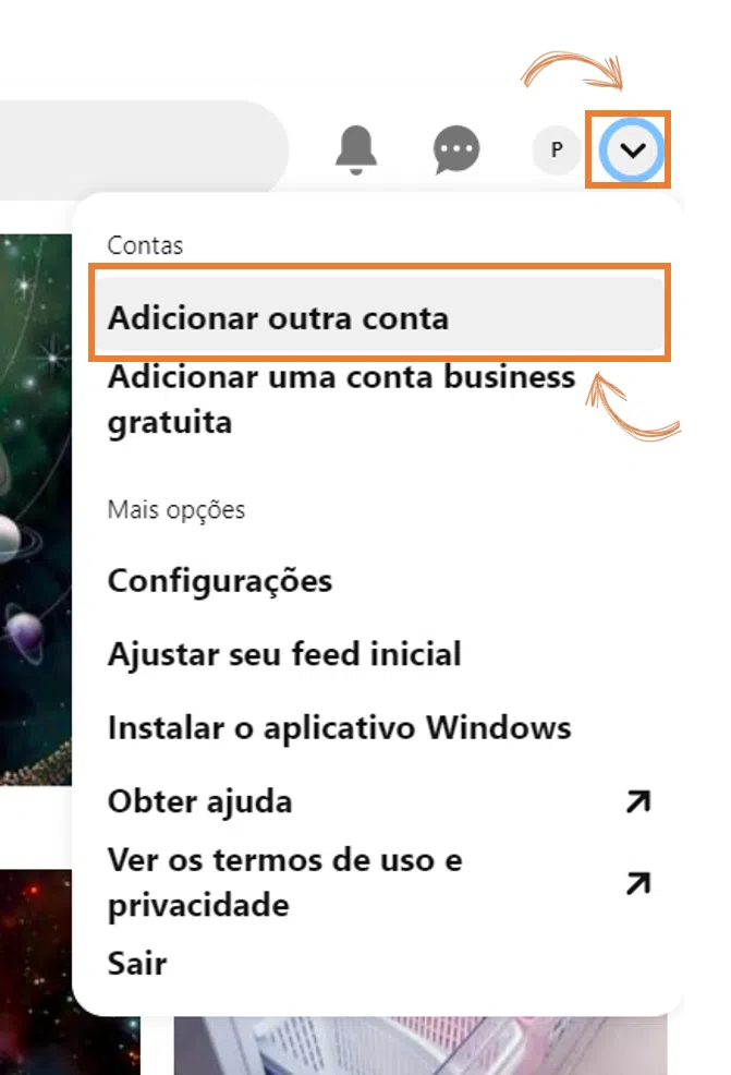 Como usar o pinterest, o guia completo Tela do pinterest no navegador para adicionar outra conta.