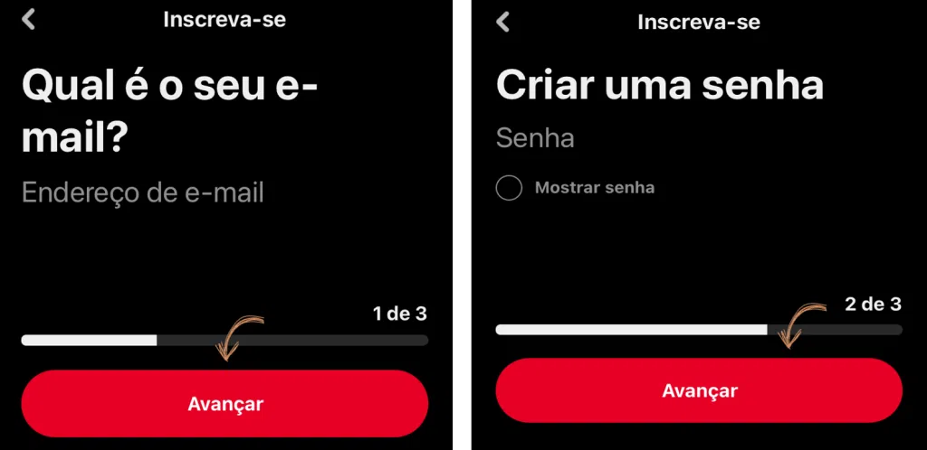 Como usar o pinterest, o guia completo Tela do aplicativo do pinterest para inserir e-mail e senha.