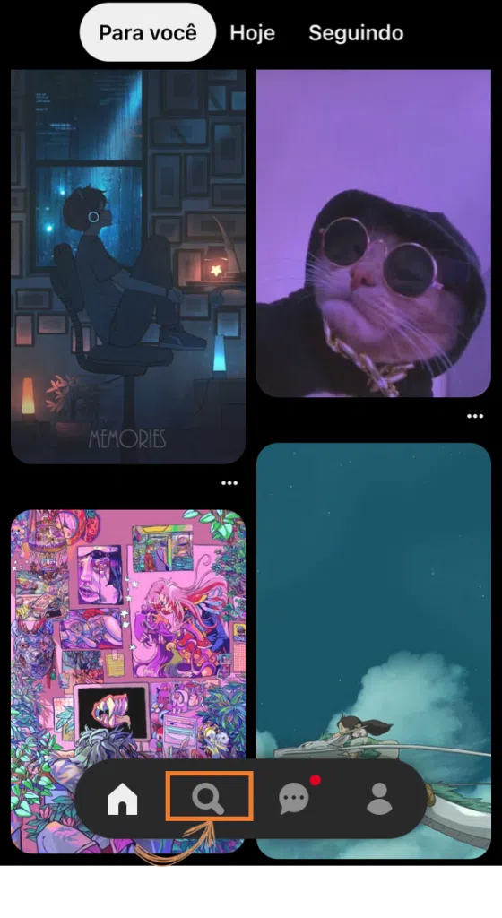 Como usar o pinterest, o guia completo Tela do app indicando a ferramenta de pesquisa no menu inferior