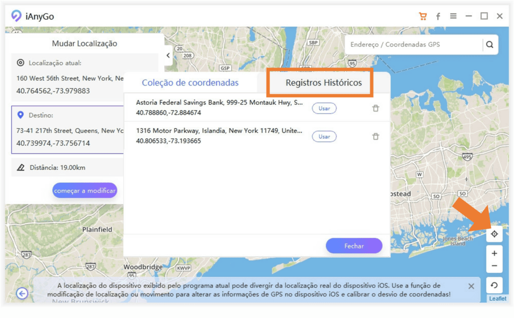 Como mudar a localização do iphone para jogar pokémon go sem instalar nada nele Passo 5, clique no ícone no canto inferior direito para voltar à localização atual