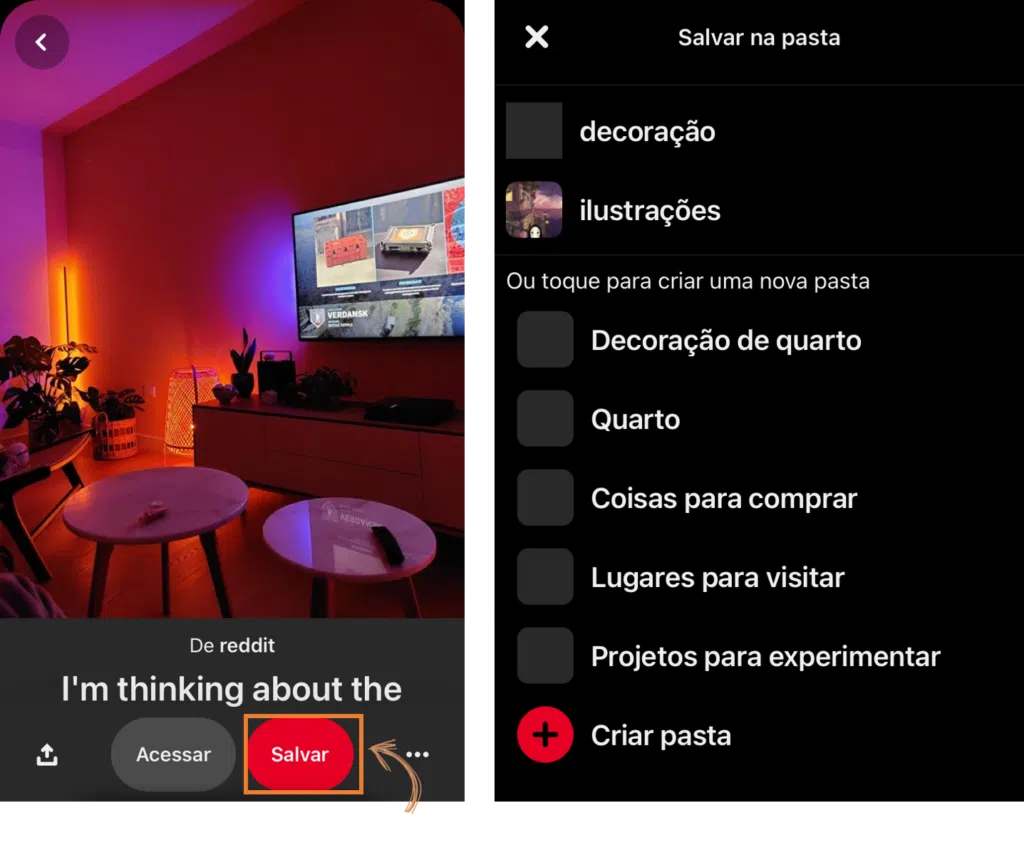 Como usar o pinterest, o guia completo Tela indicando como salvar um pin em uma pasta