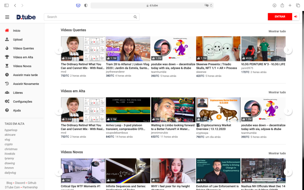 Página inicial do d. Tube, uma das alternativas ao youtube