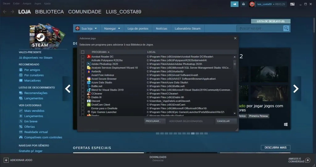 Como conectar o controle dualsense do ps5 ao pc Tela do steam para adicionar um game da biblioteca do computador