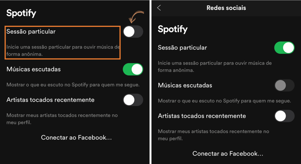 Como melhorar a sua retrospectiva do spotify para 2021 Tela indicando como habilitar sessão particular no aplicativo