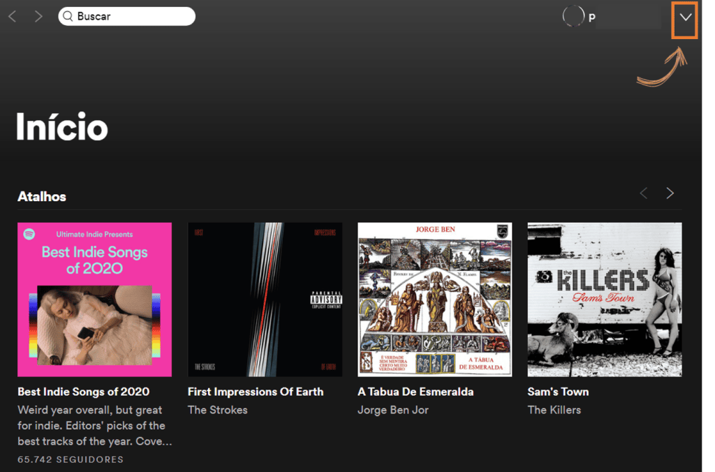 Como melhorar a sua retrospectiva do spotify para 2021 Tela indicando como acessar as configurações no seu perfil pelo computador