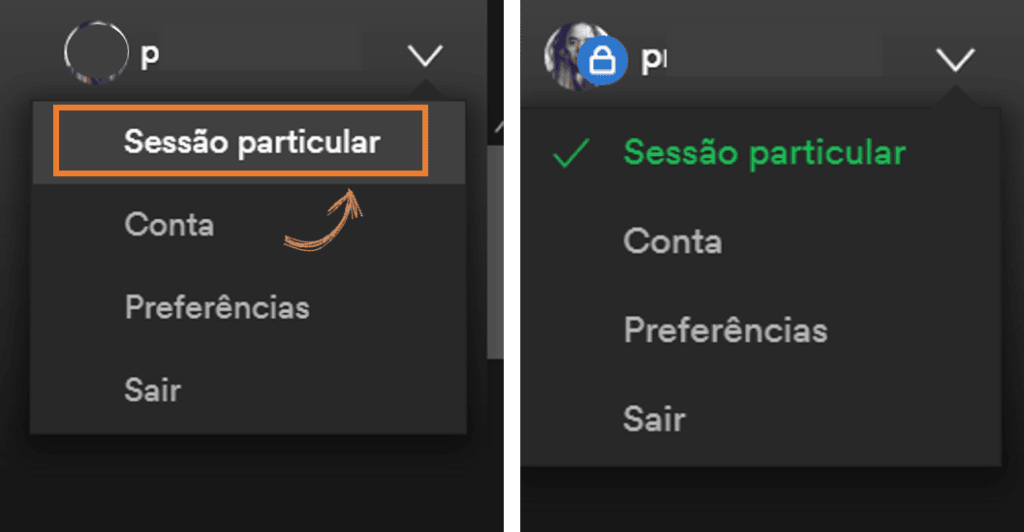 Como melhorar a sua retrospectiva do spotify para 2021 Tela indicando como habilitar o a sessão particular na sua conta pelo computador