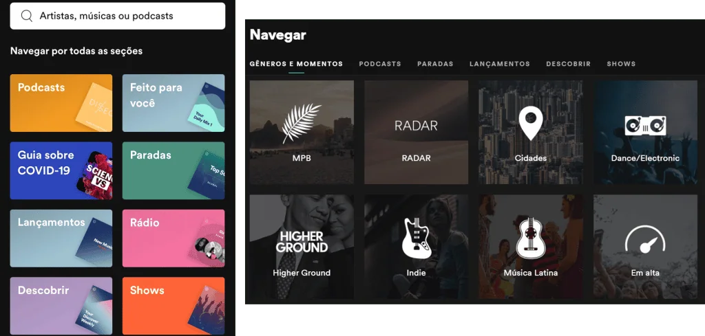 Como melhorar a sua retrospectiva do spotify para 2021 Telas do spotify no computador e aplicativo com categorias para descobrir
