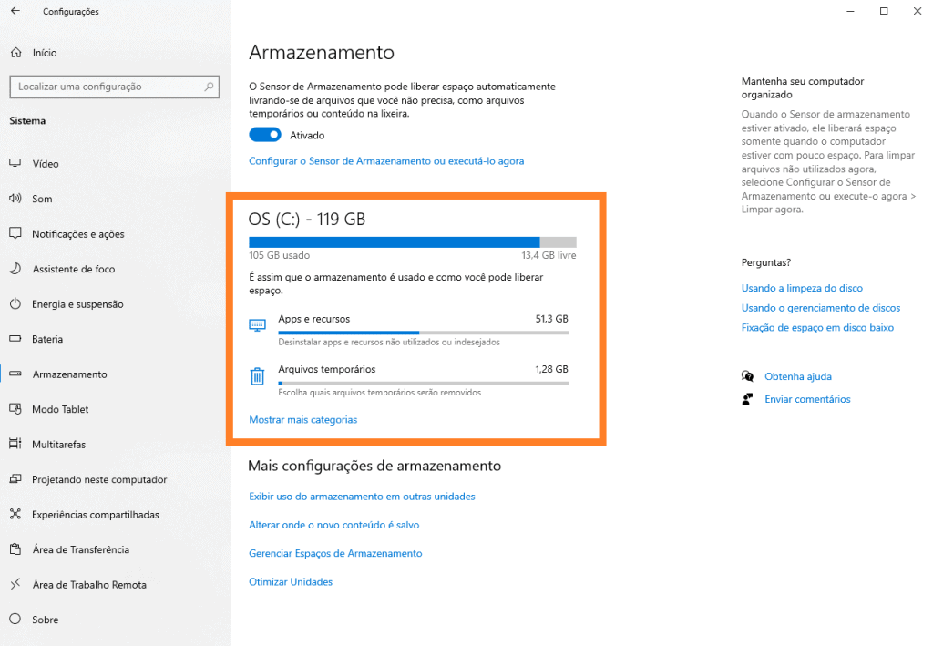 Deixe o windows 10 mais rápido usando esses 21 truques Armazenamento no sistema