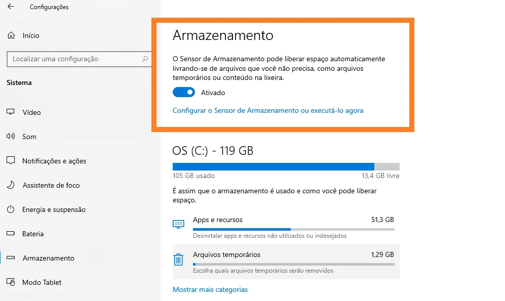 Deixe o windows 10 mais rápido usando esses 21 truques Sensor de armazenamento configurado