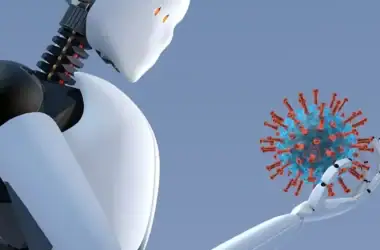 Artificial intelligence humanoid robot holding corona virus (covid-19) in it's hand concept of robotics usage in science