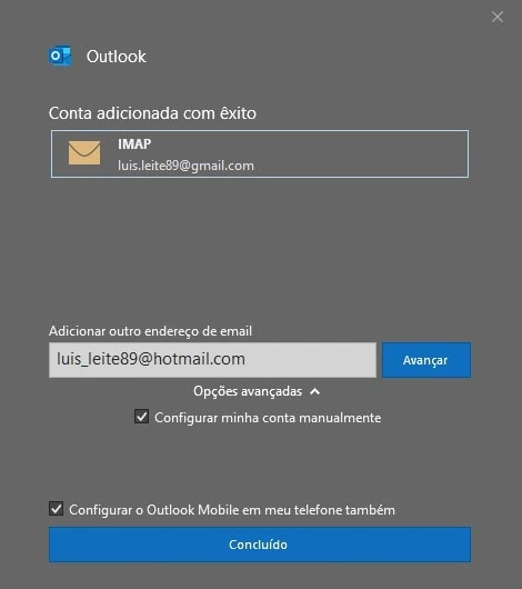 Como usar o outlook, o programa de e-mail da microsoft Conta adicionada com êxito