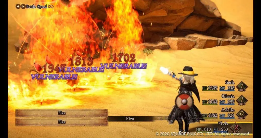 Review: bravely default 2, jrpg de imensa qualidade O mago preto elvis desferindo o golpe fira nos seus oponentes.