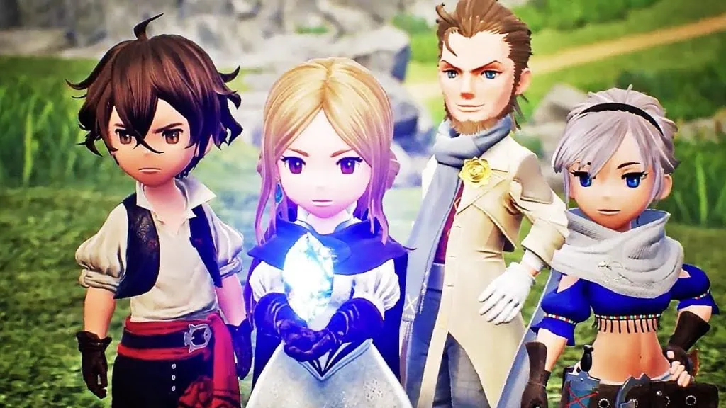 Review: bravely default 2, jrpg de imensa qualidade A imagem mostra os personagens principais em classes distintas em posse de um dos cristais.