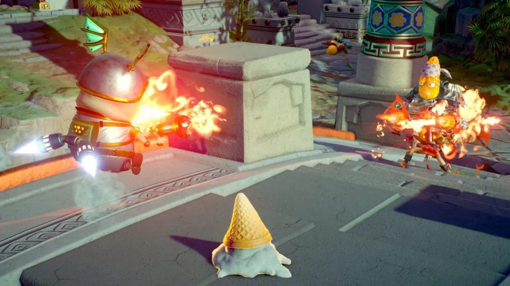 Review: plants vs. Zombies: battle for neighborville, um bom jogo no switch Um zumbi troca tiros com uma planta.