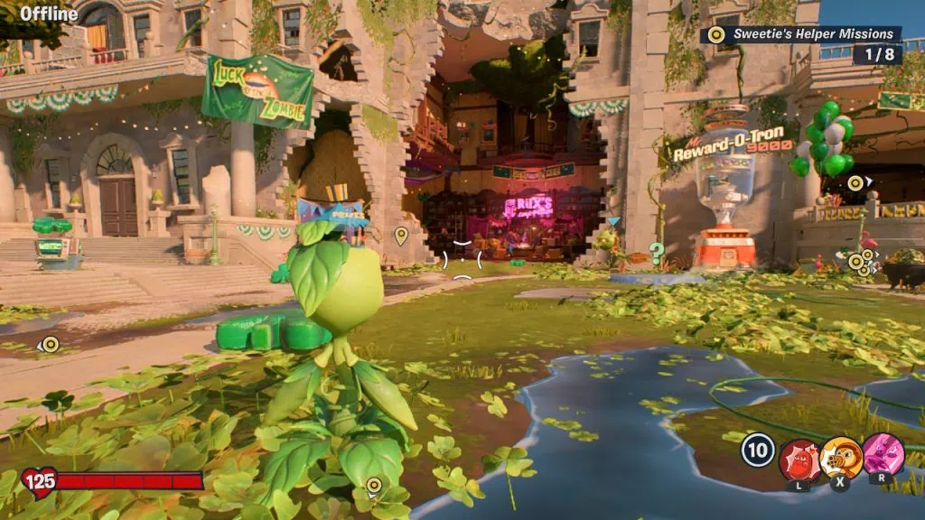 Review: plants vs. Zombies: battle for neighborville, um bom jogo no switch Uma planta virada para uma loja na cidade.