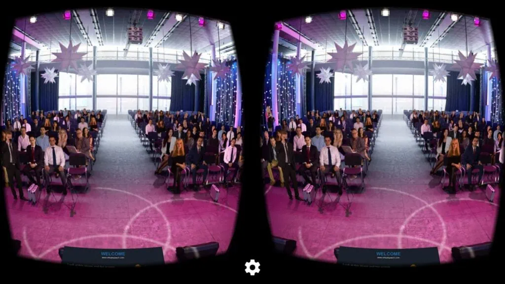 8 incríveis apps de realidade virtual para iphone Auditório cheio de pessoas para ouvir o usuário/palestrante.
