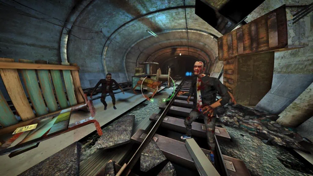 8 incríveis apps de realidade virtual para iphone Zumbis encaram o jogador sobre um trilho de trem subterrâneo em apps de realidade virtual.