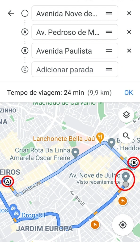 21 dicas e truques para google maps Dicas e truques para google maps. Captura de tela do aplicativo google maps com uma rota traçada entre dois pontos em mapa da cidade de são paulo. Ponto de partida: av nove de julho. Ponto a: av. Pedroso de morais. Logo acima, os pontos de partida e a com seus respectivos endereços e o ponto b com campo preenchido com av. Paulista.