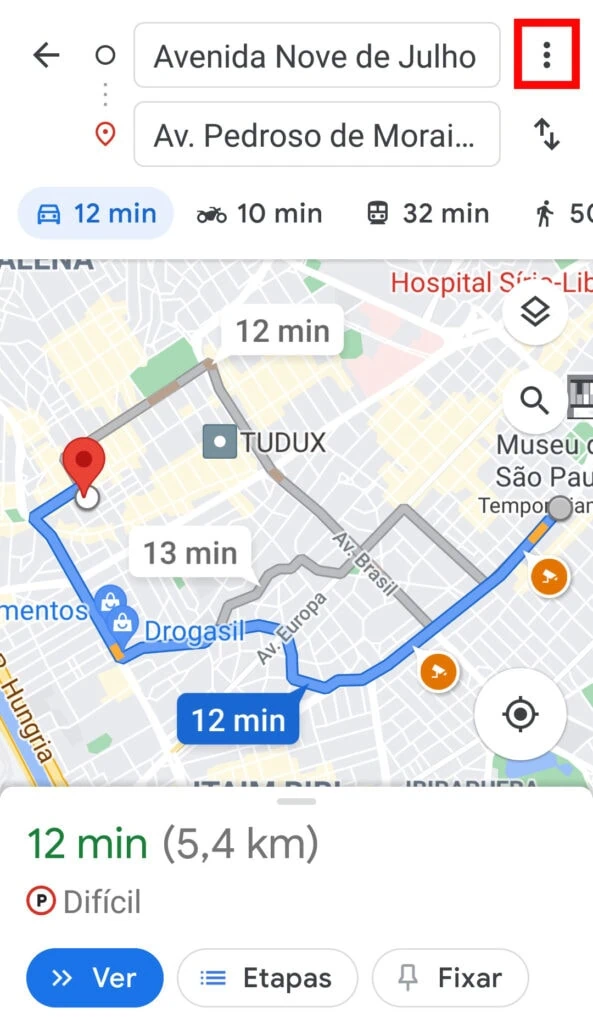 21 dicas e truques para google maps Dicas e truques para google. Captura de tela do aplicativo google maps com uma rota traçada entre dois pontos em mapa da cidade de são paulo. Ponto a: av nove de julho. Ponto b: av. Pedroso de morais.