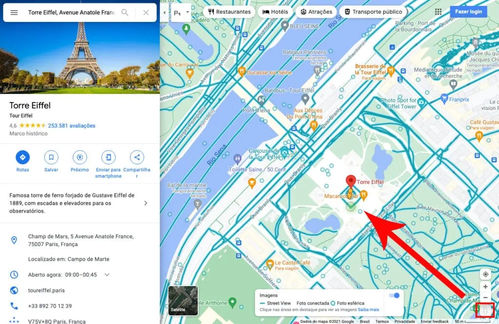 21 dicas e truques para google maps Captura de tela do google maps em computador. À esquerda, a foto e informações do local torre eiffel aparecendo no campo de busca. À direita, ocupando quase toda tela, o mapa do ponto escolhido. O pegman está caindo sobre o ponto escolhido e uma seta vermelha aponta do canto inferior direito onde estava para onde está sendo direcionado.
