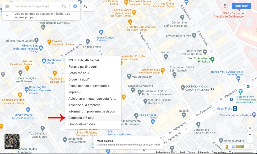 21 dicas e truques para google maps Captura de tela de mapa da cidade de são paulo no google maps. Menu é exibido sobre outro ponto com uma seta indicando para a opção distância até aqui.