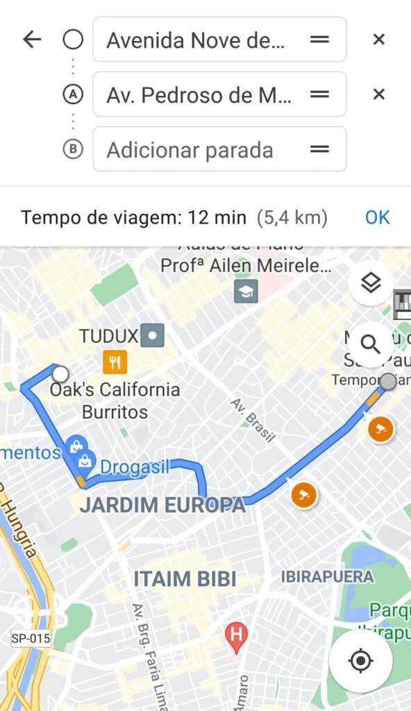21 dicas e truques para google maps Dicas e truques para google maps. Captura de tela do aplicativo google maps com uma rota traçada entre dois pontos em mapa da cidade de são paulo. Ponto de partida: av nove de julho. Ponto a: av. Pedroso de morais. Logo acima, os pontos de partida e a com seus respectivos endereços e o ponto b com campo para adicionar parada