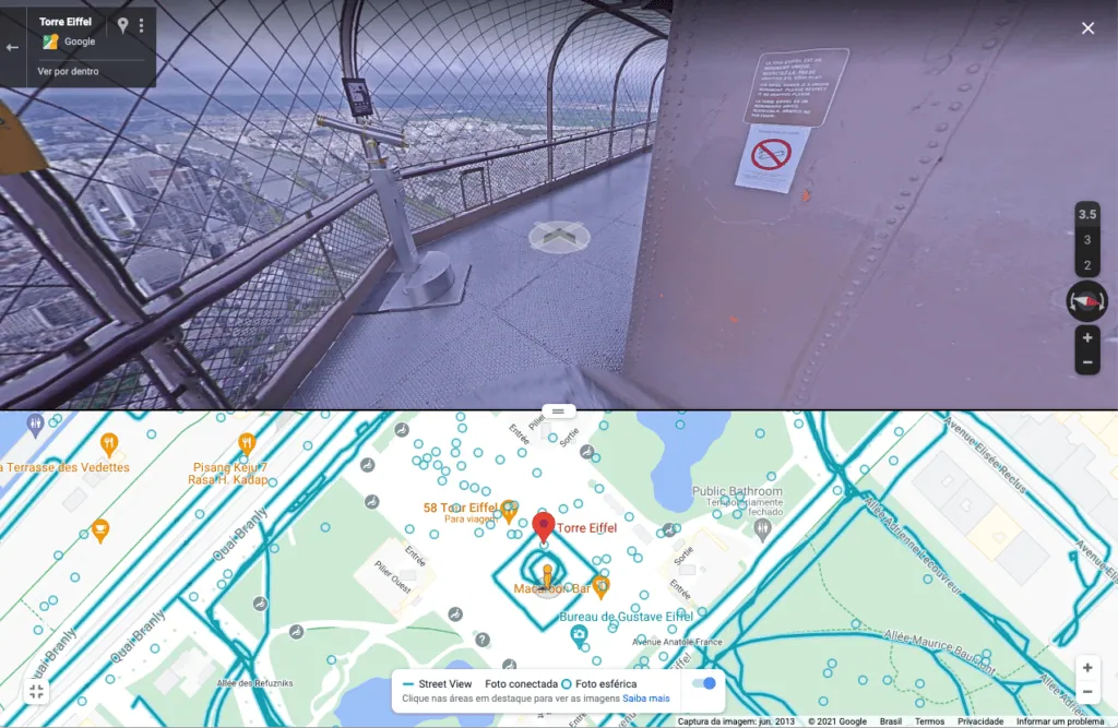 21 dicas e truques para google maps Captura de tela do google maps em computador com street view aberto na torre eiffel na parte superior. Na parte inferior, o mapa da torre eiffel com linhas em azul petróleo e um ícone azul índigo sobre uma das linhas.