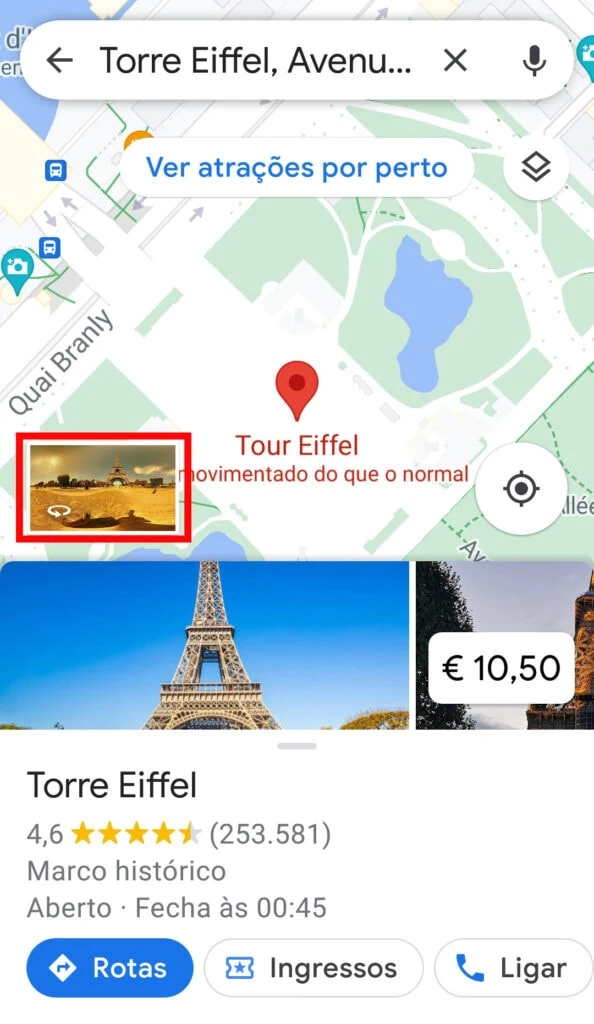 21 dicas e truques para google maps Captura de tela do aplicativo google maps com marcador sobre a torre eiffel. Logo abaixo, fotos e informações sobre o local. Logo acima, ainda na parte inferior, a imagem do street view está contornado em vermelho no canto