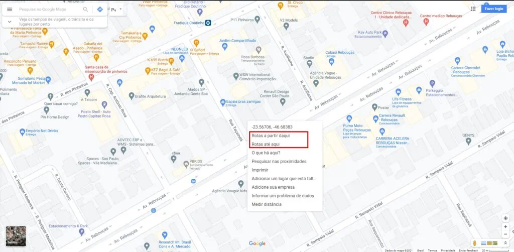 21 dicas e truques para google maps Captura de tela do mapa com a av. Rebouças em destaque. Sobre o endereço av. Rebouças, 2472, o menu aberto com as opções rotas a partir daqui e rotas até aqui contornados em vermelho