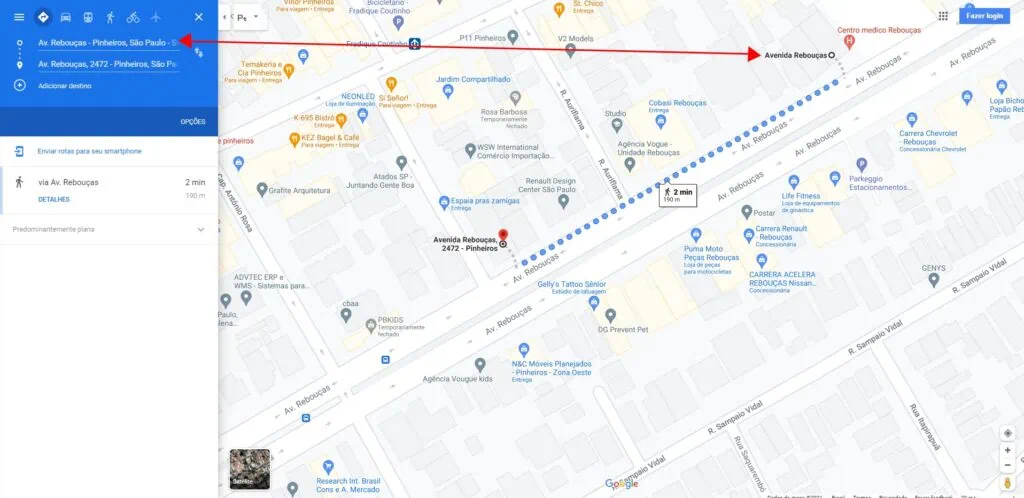 21 dicas e truques para google maps Captura de tela do mapa com a av. Rebouças em destaque. Uma trajetória em azul definida entre 2 pontos da mesma avenida.
