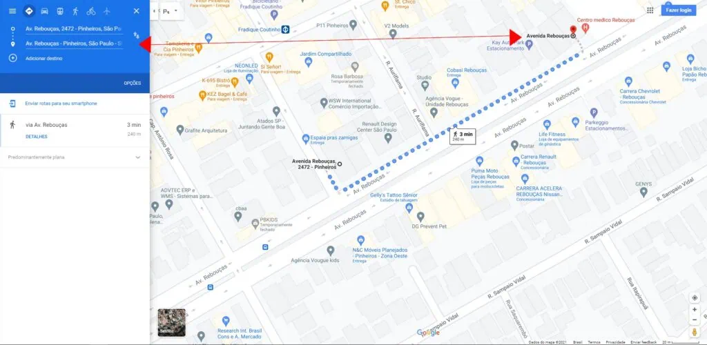 21 dicas e truques para google maps Captura de tela do mapa com a av. Rebouças em destaque. Uma trajetória em azul definida entre 2 pontos da mesma avenida.