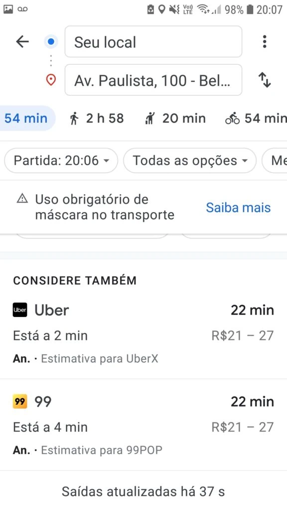 21 dicas e truques para google maps Captura de tela do aplicativo maps mostrando trajetos para transporte público. Logo abaixo, as opções de trajeto para uber ou 99 taxis.