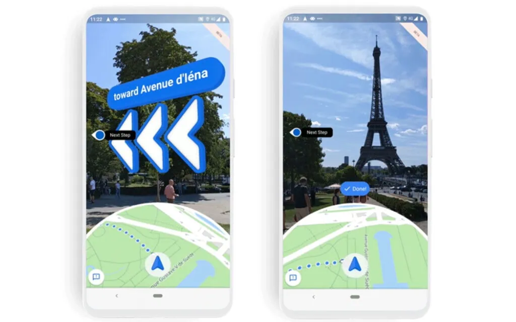 21 dicas e truques para google maps Captura de duas telas de celular com o live view ativado, mostrando localizações com setas em 3d sobre locais em realidade aumentada