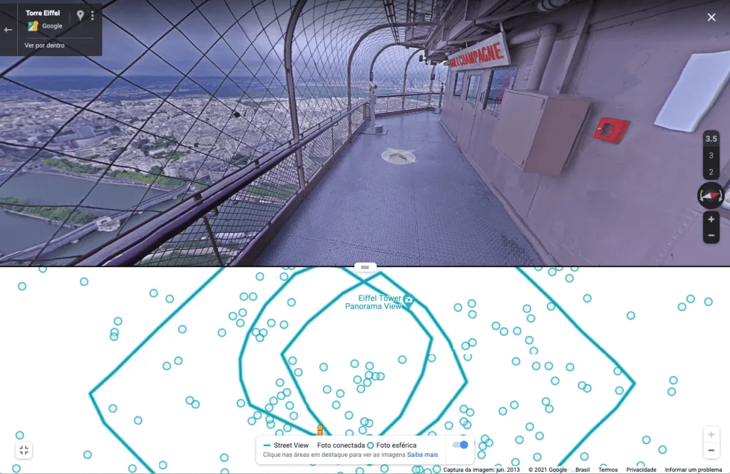21 dicas e truques para google maps Captura de tela do google maps em computador com street view aberto na torre eiffel na parte superior. Na parte inferior, o mapa da torre eiffel com linhas em azul petróleo e um ícone azul índigo sobre uma das linhas.