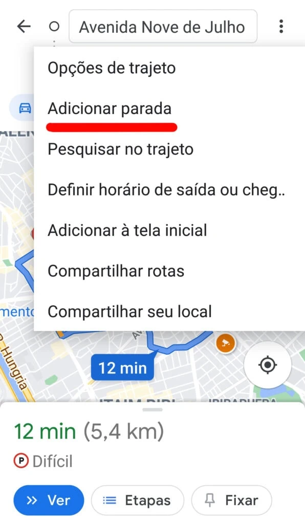 21 dicas e truques para google maps Dicas e truques para google maps. Captura de tela do aplicativo google maps com uma rota traçada entre dois pontos em mapa da cidade de são paulo. Ponto a: av nove de julho. Ponto b: av. Pedroso de morais. Sobre o mapa, menu com a opção adicionar parada em destaque.