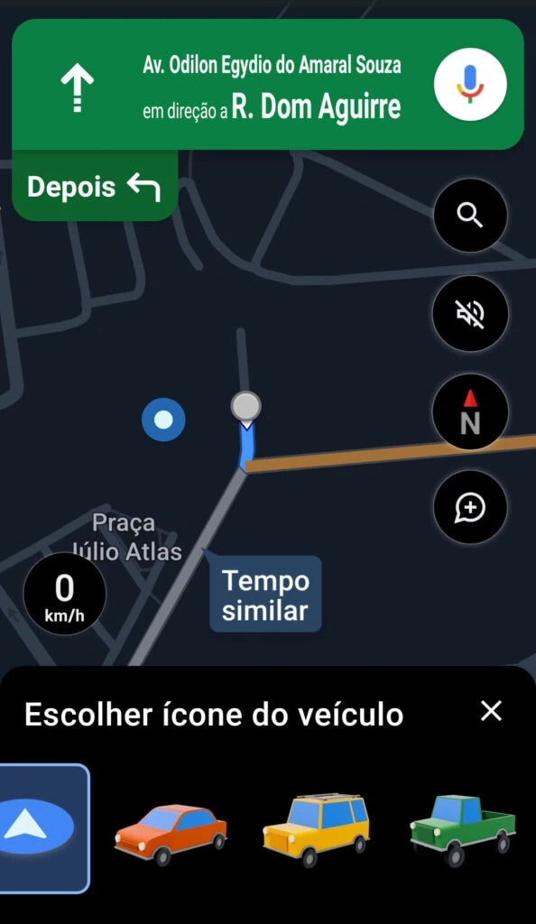 21 dicas e truques para google maps Captura de tela do aplicativo google maps com uma rota traçada entre dois pontos em mapa da cidade de são paulo. Na parte inferior, um menu com quatro opções. Da esquerda para a direita, ícone, carro vermelho sedan, carro, carro amarelo suv e carro verde pickup.