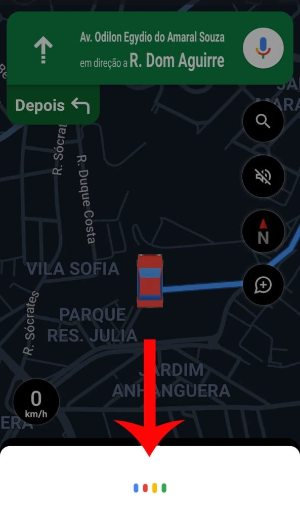 21 dicas e truques para google maps Captura de tela do aplicativo google maps com uma rota traçada entre dois pontos em mapa da cidade de são paulo. Na parte inferior, um menu para o google assistente.