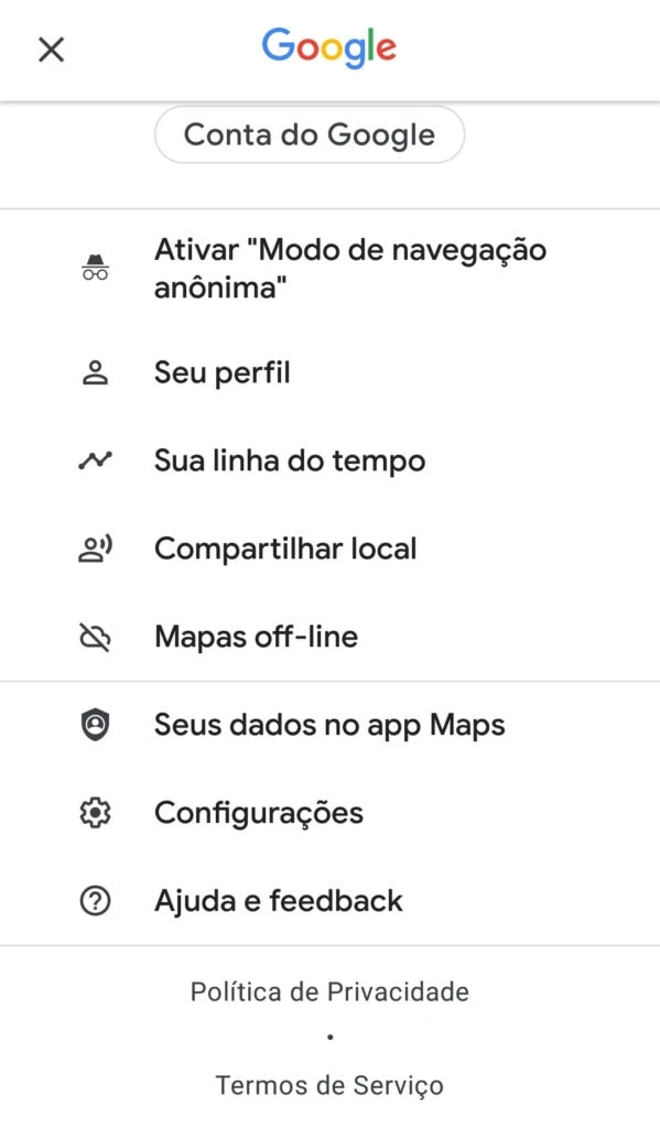 21 dicas e truques para google maps Captura de tela do aplicativo google maps com menu aberto.