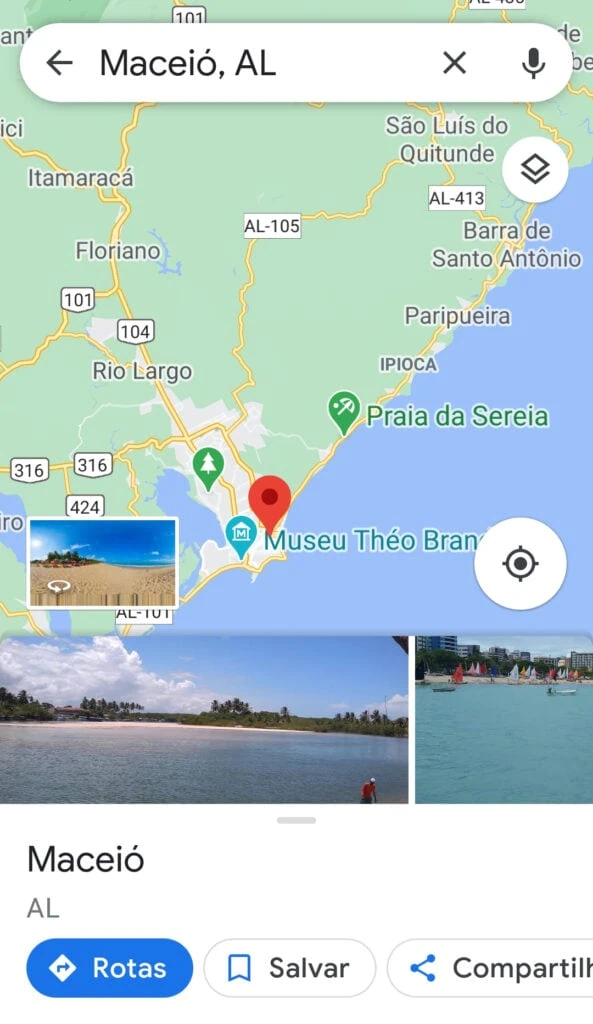 21 dicas e truques para google maps Captura de tela do aplicativo google maps em mapa da cidade de maceió.