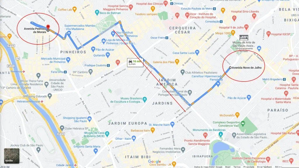 21 dicas e truques para google maps Captura de tela de mapa da cidade de são paulo com trajeto em linha azul entre av pedroso de morais e av nove de julho, passando pela av. Brasil.