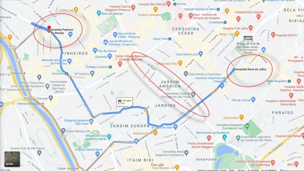 21 dicas e truques para google maps Captura de tela de mapa da cidade de são paulo com trajeto em linha azul entre av pedroso de morais e av nove de julho, passando pela av. Brigadeiro faria lima.