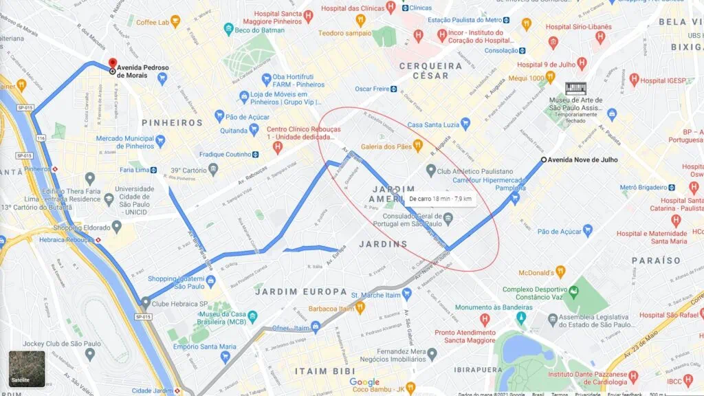 21 dicas e truques para google maps Captura de tela de mapa da cidade de são paulo com trajeto em linha azul entre av pedroso de morais e av nove de julho, passando pela av. Brasil.