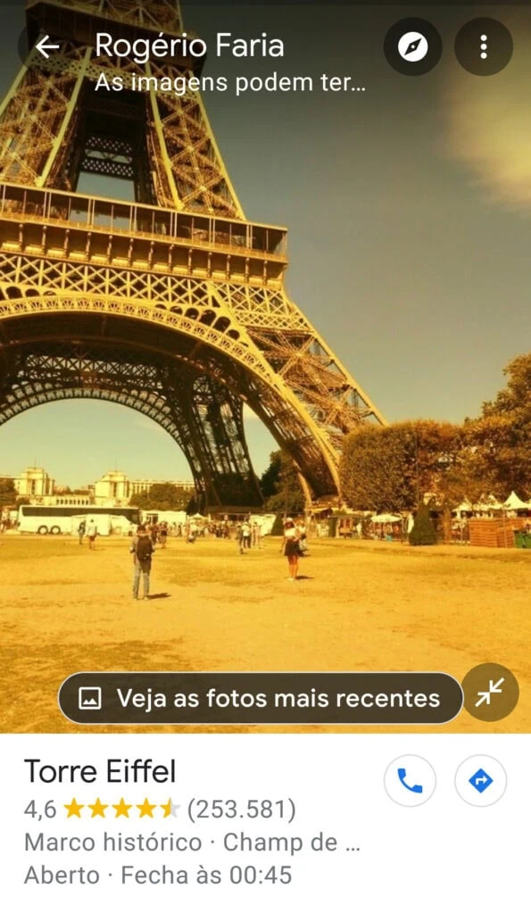 21 dicas e truques para google maps Captura de tela do aplicativo google maps com street view da torre eiffel.