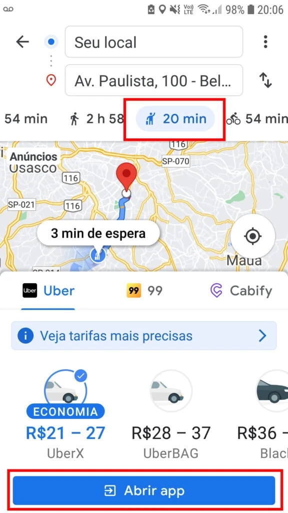21 dicas e truques para google maps Captura de tela do aplicativo maps mostrando trajetos para corridas por aplicativo. O ícone de corridas por aplicativo e o botão abrir app estão contornados em vermelho.