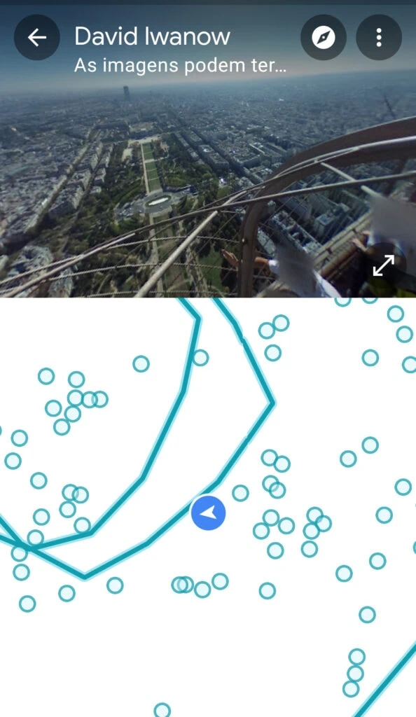 21 dicas e truques para google maps Captura de tela do aplicativo google maps com street view da torre eiffel. Na parte inferior, o mapa da torre eiffel com linhas em azul petróleo e um ícone azul índigo sobre uma das linhas.