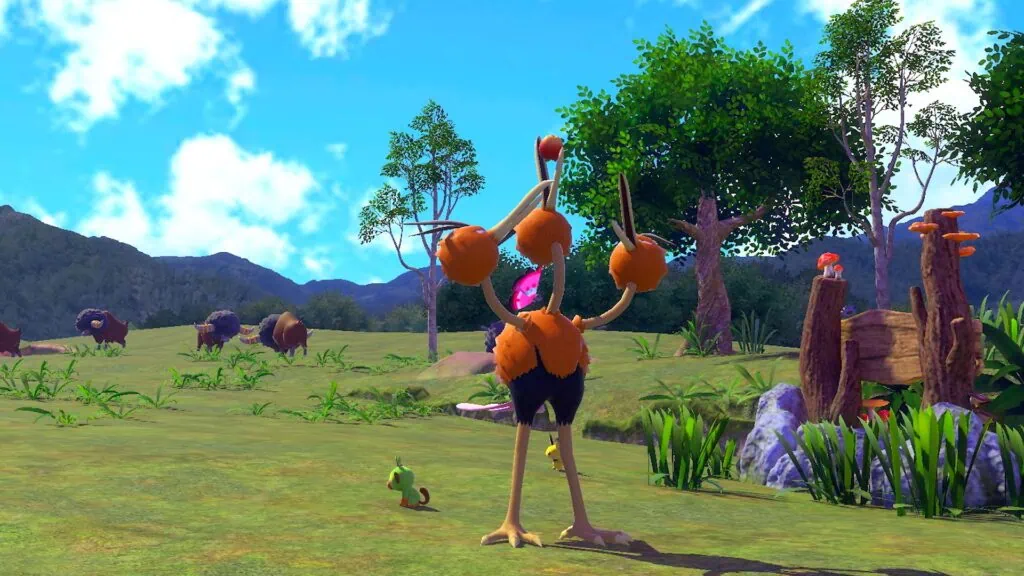 Review: new pokémon snap, a foto mais bela da franquia A cena mostra um pokémon ao centro com diversos outros ao fundo.