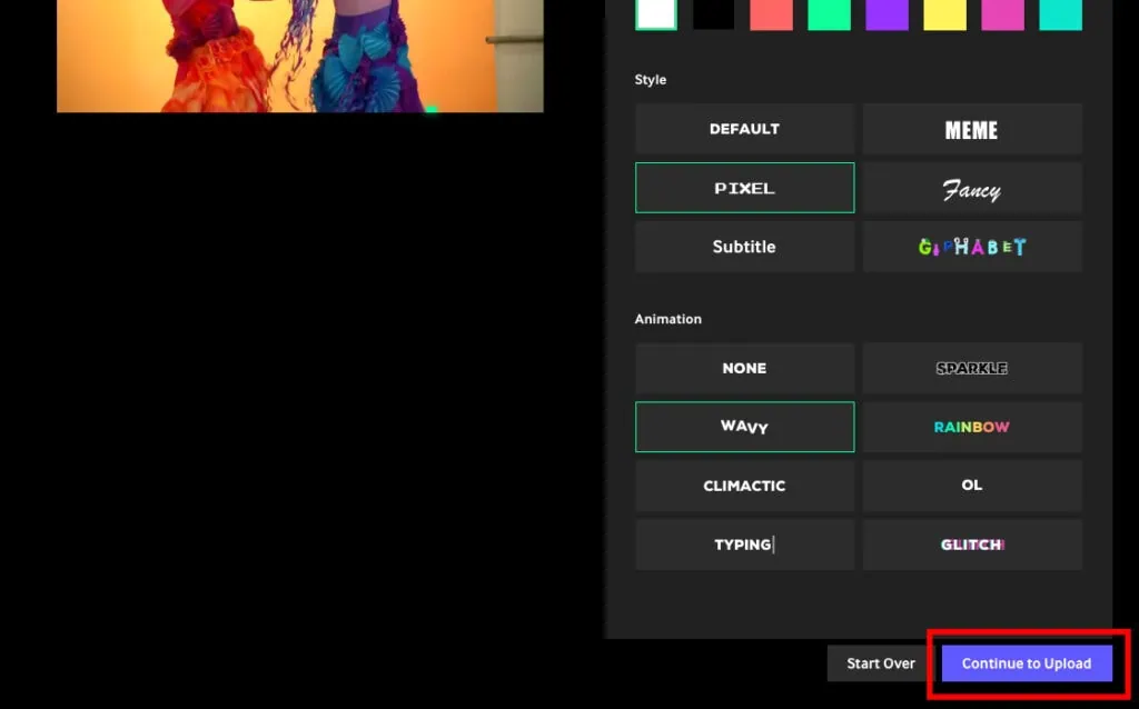 Como transformar vídeo do youtube em gif facilmente Captura de tela do site giphy! À esquerda, o vídeo com cena do filme as branquelas. À direita, a seção para adicionar texto e logo abaixo o botão continue to upload com contorno vermelho