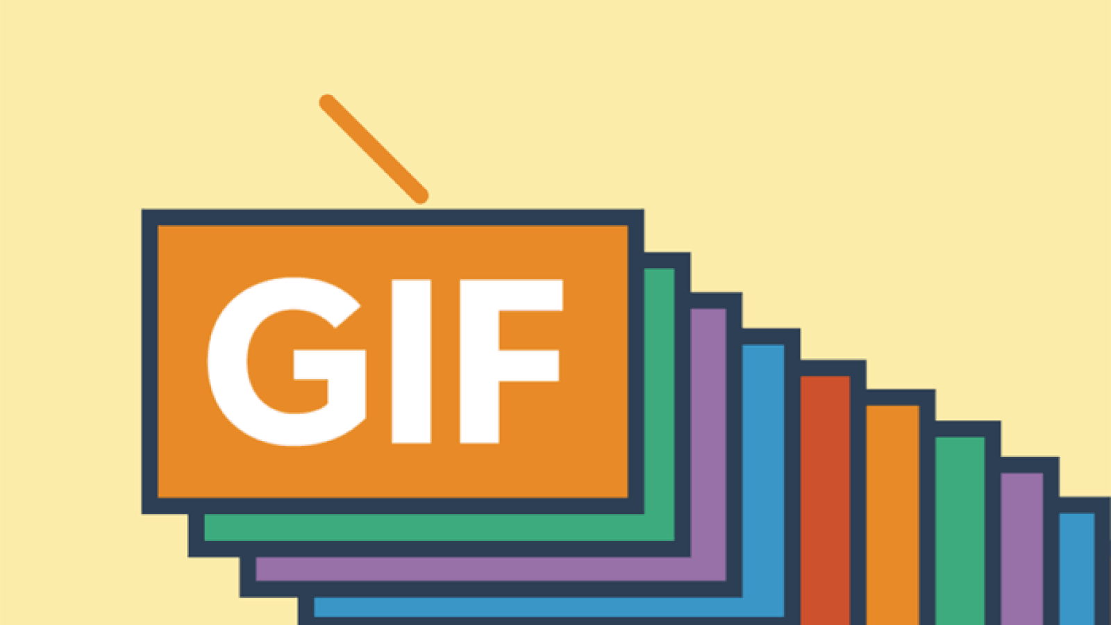 Gelber Hintergrund. Zeichnen von bunten Rechtecken, die in einem Zickzackmuster oszillieren. Das erste hat das Wort gif in Weiß. Über ihnen verlaufen Strahlen diagonal.