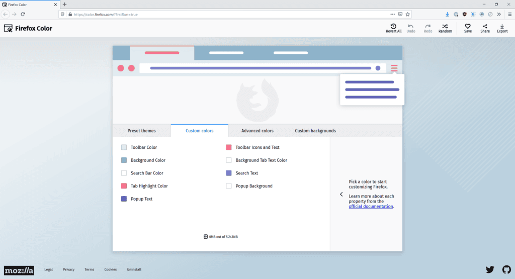 18 лучших расширений Firefox Экран настройки цвета для расширения цвета firefox с параметрами панели инструментов, фона, панели поиска, выделения вкладок, всплывающего текста, фонового текста вкладок, текста поиска и фона всплывающих окон.